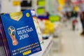 MOSCOW, RUSSIA - APRIL 27, 2018: Official album for stickers dedicated to the FIFA World Cup RUSSIA 2018 on store shelf. Royalty Free Stock Photo