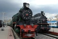 Old Soviet locomotives in the Museum of the history of railway transport at the Riga station in Moscow Royalty Free Stock Photo