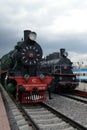 Old Soviet locomotives in the Museum of the history of railway transport at the Riga station in Moscow Royalty Free Stock Photo