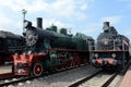 Old Soviet locomotives in the Museum of the history of railway transport at the Riga station in Moscow Royalty Free Stock Photo