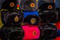 MOSCOW, RUSSIA- APRIL, 24, 2018: Outdoor view of assorted Russian winter hats made from rabbit fur, located in a store