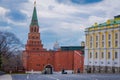 MOSCOW, RUSSIA- APRIL, 29, 2018: Outdoor view of the building of Armoury chamber and the Borovitskaya tower of the Royalty Free Stock Photo