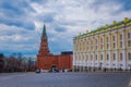 MOSCOW, RUSSIA- APRIL, 29, 2018: Outdoor view of the building of Armoury chamber and the Borovitskaya tower of the Royalty Free Stock Photo