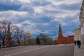 MOSCOW, RUSSIA- APRIL, 29, 2018: Outdoor view of the building of Armoury chamber and the Borovitskaya tower of the Royalty Free Stock Photo