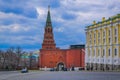 MOSCOW, RUSSIA- APRIL, 29, 2018: Outdoor view of the building of Armoury chamber and the Borovitskaya tower of the Royalty Free Stock Photo