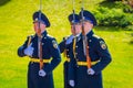 MOSCOW, RUSSIA- APRIL, 24, 2018: Outdoor view of three guards holding guns at the Tomb of the Unknown Soldier dedicated