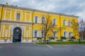 MOSCOW, RUSSIA- APRIL, 24, 2018: Outdoor view of yellow building with ancient cannons in front, collection incorporates