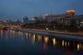 Moscow, Russia, April 13, 2021: Panorama of evening Moscow with view of Moscow river and Rostovskaya embankment