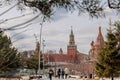 Panoramic view of Moscow Kremlin with Spassky Tower and Saint Basil's Cathedral in center city on Red Square from Royalty Free Stock Photo