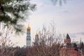 Panoramic view of Moscow Kremlin with Spassky Tower and Saint Basil's Cathedral in center city on Red Square from Royalty Free Stock Photo