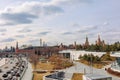 Panoramic view of Moscow Kremlin with Spassky Tower and Saint Basil's Cathedral in center city on Red Square from Royalty Free Stock Photo