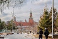 Panoramic view of Moscow Kremlin with Spassky Tower and Saint Basil's Cathedral in center city on Red Square from Royalty Free Stock Photo