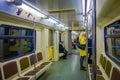 MOSCOW, RUSSIA- APRIL, 29, 2018: People inside of metro, perspective view to Contemporary spacious interior and Royalty Free Stock Photo