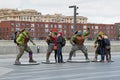 People take a selfie with phone on a background of teenage mutant ninja turtles figures in the park Muzeon in Moscow Royalty Free Stock Photo