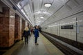 MOSCOW, RUSSIA- APRIL, 29, 2018: People waiting for underground train departs from the Metro Akademicheskaya, Russian Royalty Free Stock Photo