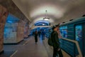 MOSCOW, RUSSIA- APRIL, 29, 2018: People waiting for underground train departs from the Metro Akademicheskaya, Russian Royalty Free Stock Photo