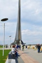 Moscow, Russia - April 30. 2018. People are walking along Cosmonauts alley in Cosmopark