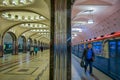 MOSCOW, RUSSIA- APRIL, 29, 2018: People walking inside of Mayakovskaya subway station in Moscow, Russia, Stalinist