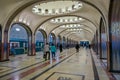 MOSCOW, RUSSIA- APRIL, 29, 2018: People walking inside of Mayakovskaya subway station in Moscow, Russia, Stalinist