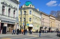 Moscow, Russia, April, 15, 2017. People walking near the monunents of architecture - apartment house of Zabelin-Kupriyanov on stre Royalty Free Stock Photo