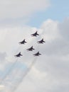 Performance of the Swifts aerobatic team on multi-purpose highly maneuverable MiG-29 fighters over the Myachkovo airfield
