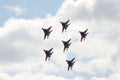 Performance of the Swifts aerobatic team on multi-purpose highly maneuverable MiG-29 fighters over the Myachkovo airfield