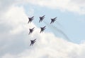 Performance of the Swifts aerobatic team on multi-purpose highly maneuverable MiG-29 fighters over the Myachkovo airfield