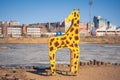 Moscow, RUSSIA - APRIL 18, 2021 playground. basketball hoop in the form of a giraffe. element for games on the playground