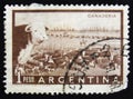 MOSCOW, RUSSIA - APRIL 2, 2017: A post stamp printed in Argentina shows a heard of beef cattle in the Argentinean walking through