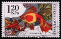 MOSCOW, RUSSIA - APRIL 2, 2017: A post stamp printed in Czechoslovakia shows image of a Goldfishes from the series Tropical