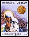 Praying Mother Teresa, Sao Tome and Principe serie, circa 2019 Royalty Free Stock Photo