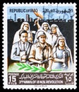 Postage stamp printed in Iraq shows Soldier in front of a people group, in the background industry, 3rd anniversary of the 18th