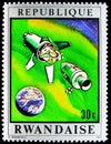 Postage stamp printed in Rwanda shows Second stage separation, Moon mission serie, circa 1970