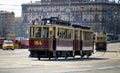 MOSCOW, RUSSIA - APRIL 21, 2018: Retro trams goes to the parade on the empty old city street of Moscow, Russia, April 21, 2018.