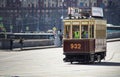 MOSCOW, RUSSIA - APRIL 21, 2018: Retro trams goes to the parade on the empty old city street of Moscow, Russia, April 21, 2018.