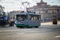 MOSCOW, RUSSIA - APRIL 21, 2018: Retro trams goes to the parade on the empty old city street of Moscow, Russia, April 21, 2018.