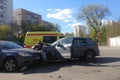 Moscow, Russia - April 14, 2019: Road traffic accident on the road. Two cars crashed into each other. Porsche Cayenne hard hit
