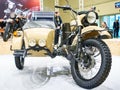 Moscow, RUSSIA - APRIL 02, 2021:  Russian motorcycle URAL with sidecar on exhibition MOTOVESNA-2021 Royalty Free Stock Photo