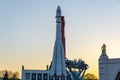 Moscow, Russia, April 30, 2019: Russian spaceship Vostok 1, monument of the first soviet rocket at VDNH