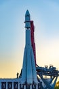 Moscow, Russia, April 30, 2019: Russian spaceship Vostok 1, monument of the first soviet rocket at VDNH