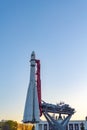 Moscow, Russia, April 30, 2019: Russian spaceship Vostok 1, monument of the first soviet rocket at VDNH