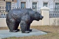 Moscow, Russia, April, 15, 2017. Sculpture of Russian bear with the image of sights of Moscow in the square of Generals at crossin