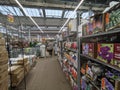 Shelves with gardening supplies in the OBI store in Moscow Russia