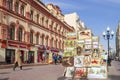 MOSCOW, RUSSIA - April 14, 2018: Street artists sell paintings to Tourists on New Arbat street of the Moscow city is pedestrian