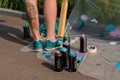 Set of used spray paint cans at summer graffiti festival Royalty Free Stock Photo