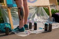 Set of used spray paint cans at summer graffiti festival Royalty Free Stock Photo