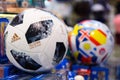 MOSCOW, RUSSIA - APRIL 30, 2018: TOP GLIDER match ball replica for World Cup FIFA 2018 mundial in the souvenir shop. Royalty Free Stock Photo