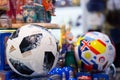 MOSCOW, RUSSIA - APRIL 30, 2018: TOP GLIDER match ball replica for World Cup FIFA 2018 mundial in the souvenir shop.