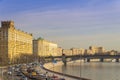 Traffic jam on embankment moskva river in Moscow city russia, sunset time Royalty Free Stock Photo