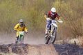 Moscow, Russia - April 13, 2019: Two racers on a motocross bikes in action. Training of motocross sports team Royalty Free Stock Photo